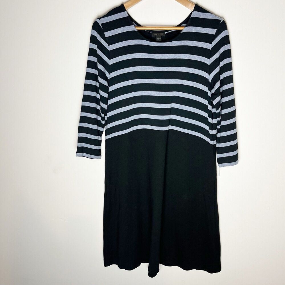 J. Jill Wearever Collection Women's Black Blue Striped 3/4 Sleeve Rayon Dress M‌